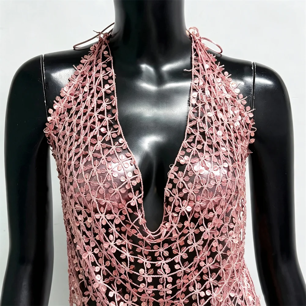 Damen Glänzendes Acryl-Pailletten-Top mit Ausschnitten, Sexy Tiefer V-Ausschnitt, Rückenfreies Neckholder-Oberteil, Durchsichtiges Strand-Party-Top – Detail 23