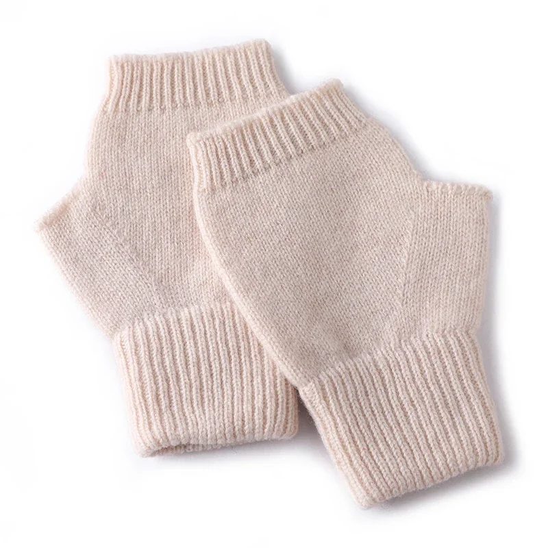 Ribbed Knit 100% Pure Wool Fingerless Mittens Solid Color Winter Warm Half Finger Gloves For Women Office Typing Hand Warmers