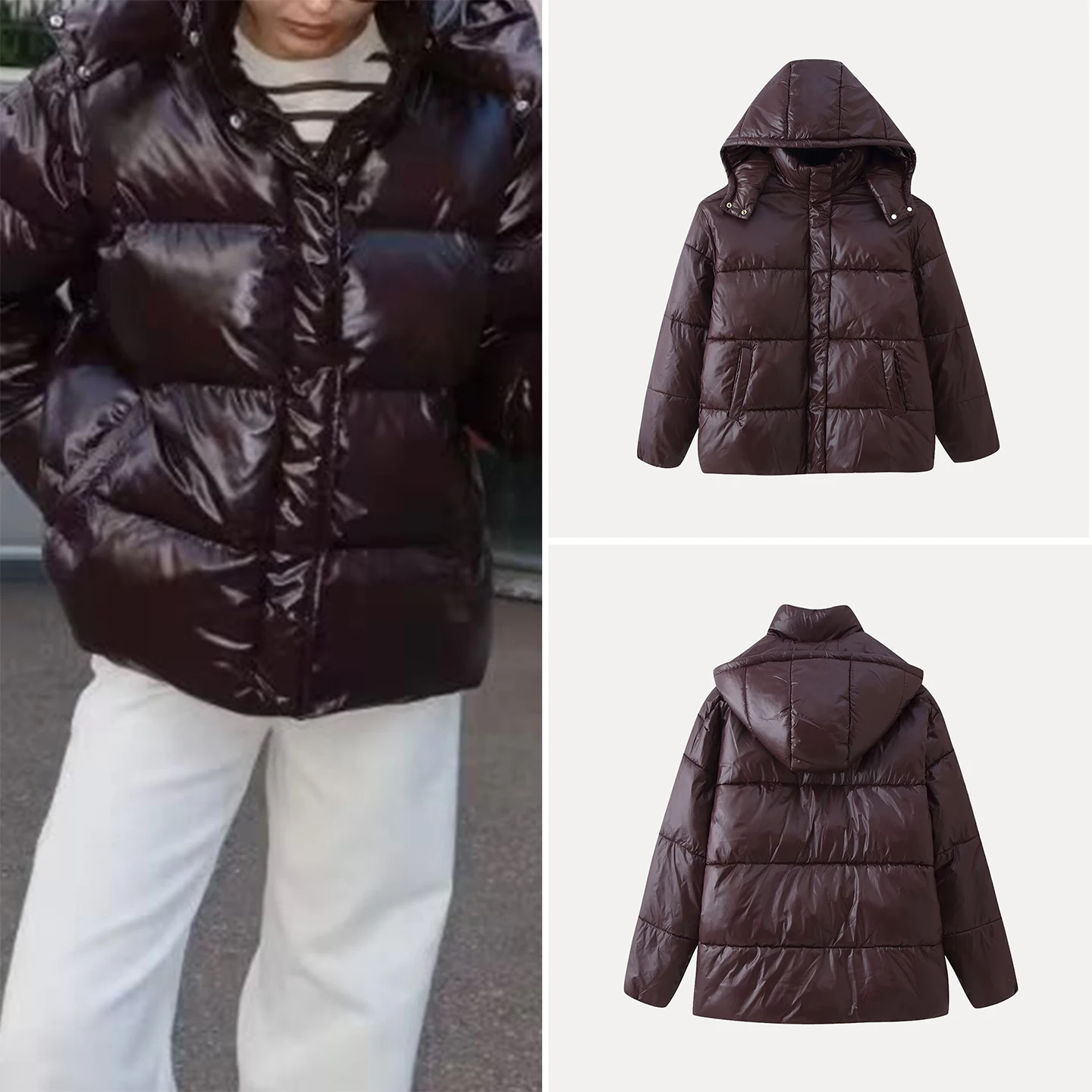 

Faionable Bright Fini Hooded Jaet Women's Sle Versatile Winter Outerwear Commute Sle Stand Edition Ladies Coat