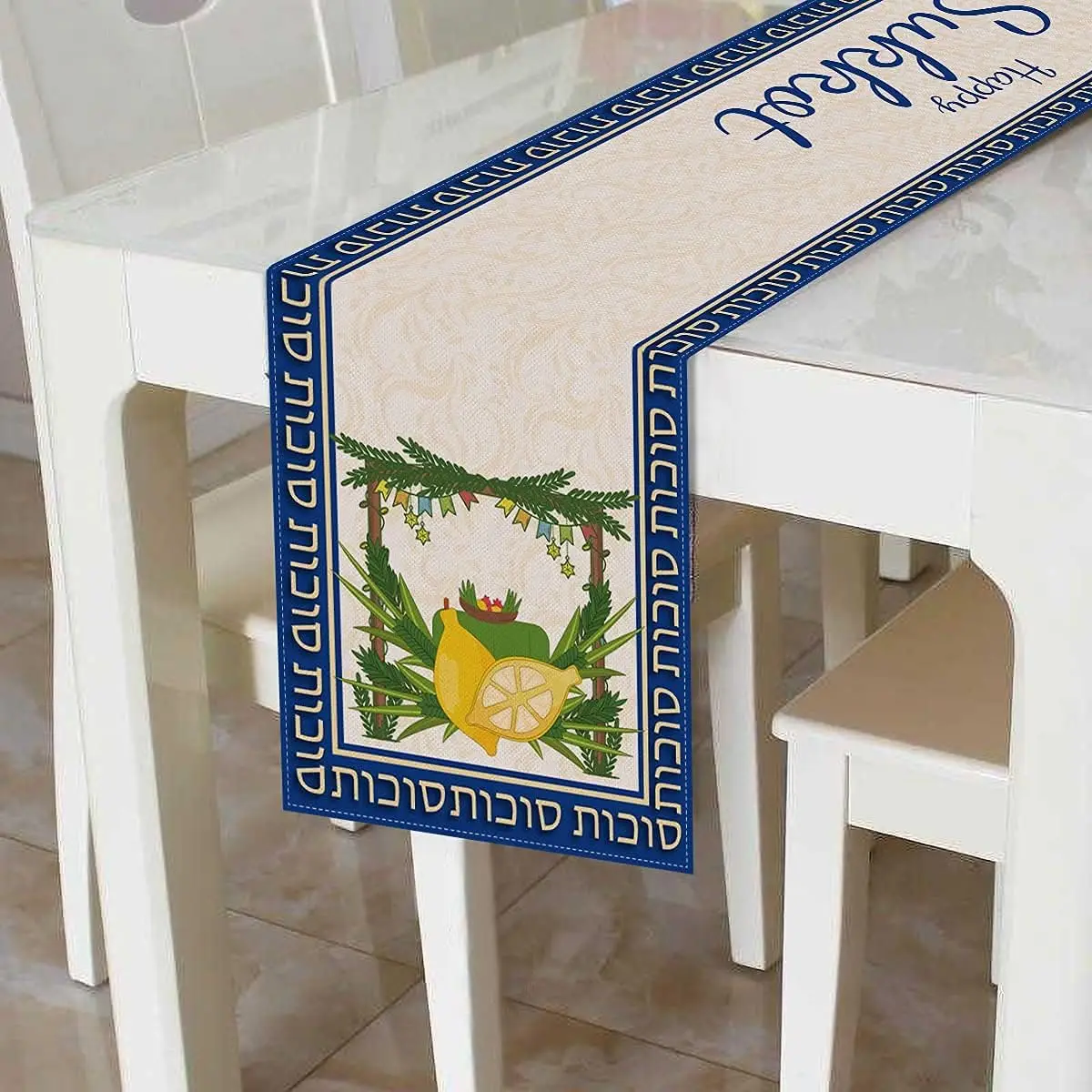 Happy Sukkot Linen Table Runner Home Decor Jewish Festival Citron Willow Branches Kitchen Dining Table Runners Party Decorations