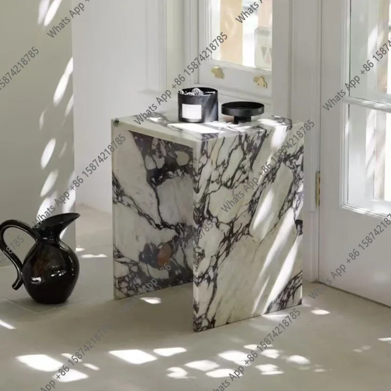 Mesa de Exhibición Cuadrada de Mármol de Doble Capa, Mesa de Piedra Natural Sin Sellar para Jarrones y Decoración, Mesa Auxiliar Minimalista para Sofá con Acabado Natural