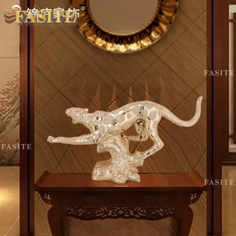 For Home Decor European Style Resin Leopard Statue Electroplated Figurine Living Room Office Entrance Shelf Decoration Gift