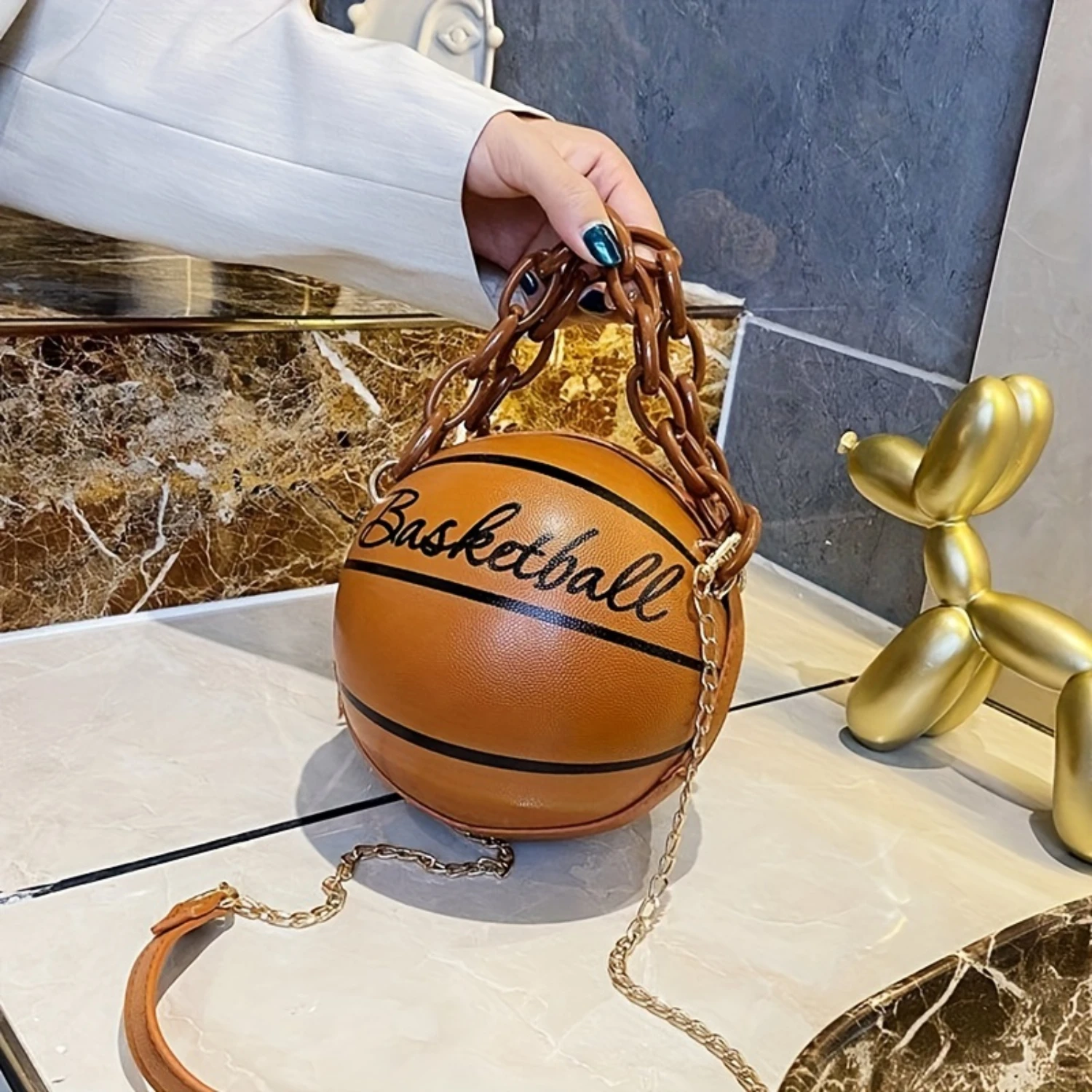 Womens PU Leather Basketball Purse, Novelty Round Handbag With Chain Strap, Crossbody Sports Bag, Fashionable Streetwear Access