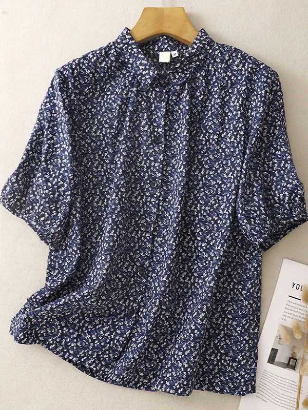 

Летняя женская блузка свободного кроя с цветочным принтом, на пуговицах, с отложным воротником, винтажная, прямого кроя
