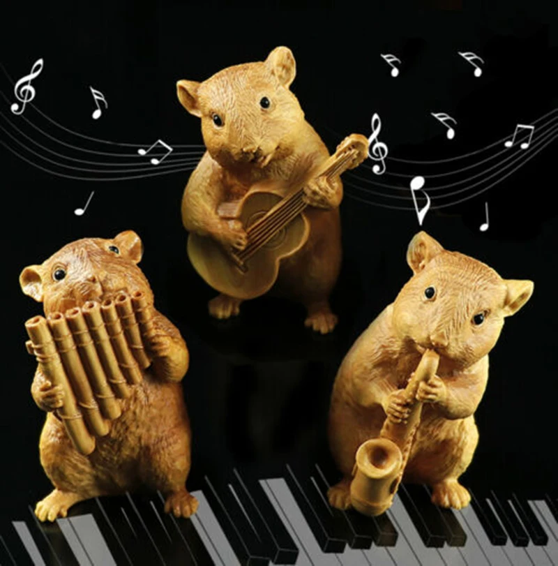 LS014 - 7 High Hand Carved Boxwood Carving Home Figurines : Set of 3 Mice Playing Music