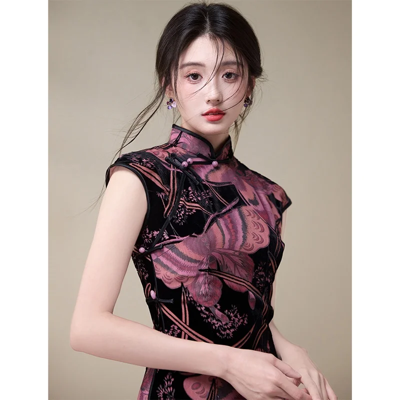 

Элегантное бархатное длинное ципао с цветочным узором и низким разрезом для женщин, для повседневной носки и выступлений