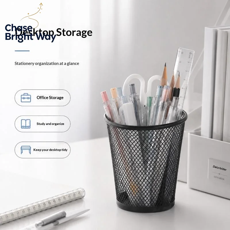 Black Pen Holder Metal Mesh Desktop Stationery Organizer Square Round Design for Office Home Study Desk Use