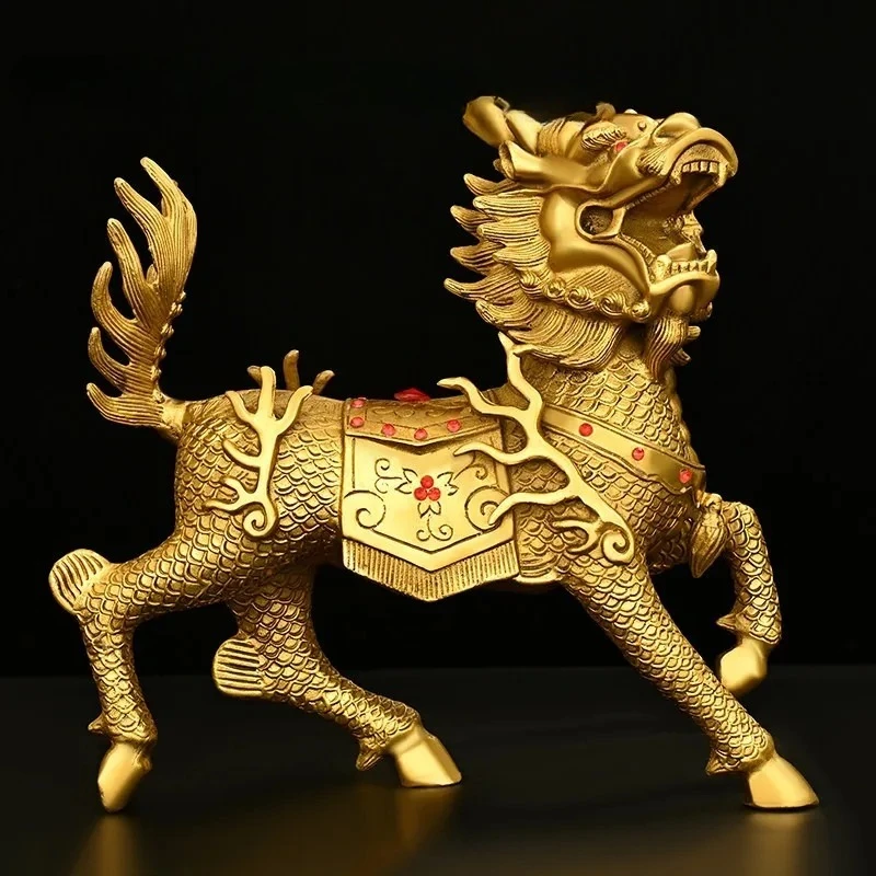 2pcs Golden Kylin Statue Pair Chinese Feng Shui Qilin Ornament Inlaid Gem Lucky Beast Figurine Home Office Desktop Decor Gift