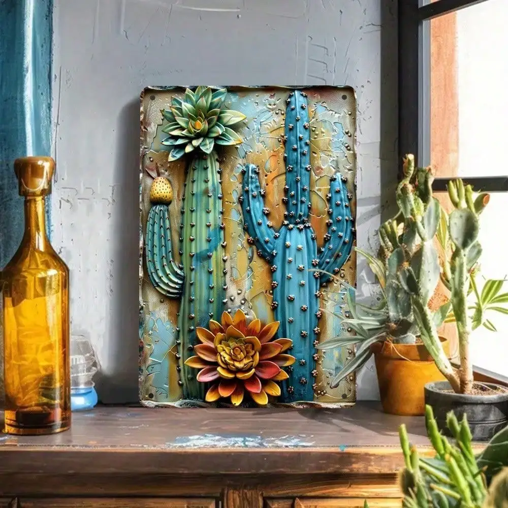 فن جداري معدني عصاري على شكل صبار عتيق - تصميم لافتة ساحة حديدية، متعدد الأغراض لديكور المنزل/المطبخ/الفناء #3