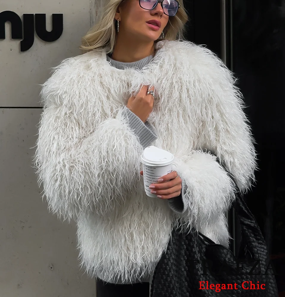 TRAFZA-Chaqueta elegante con efecto de piel para mujer, abrigo con cuello redondo, chaqueta de piel sintética similar a plumas, nueva chaqueta romántica de moda Otoño Invierno