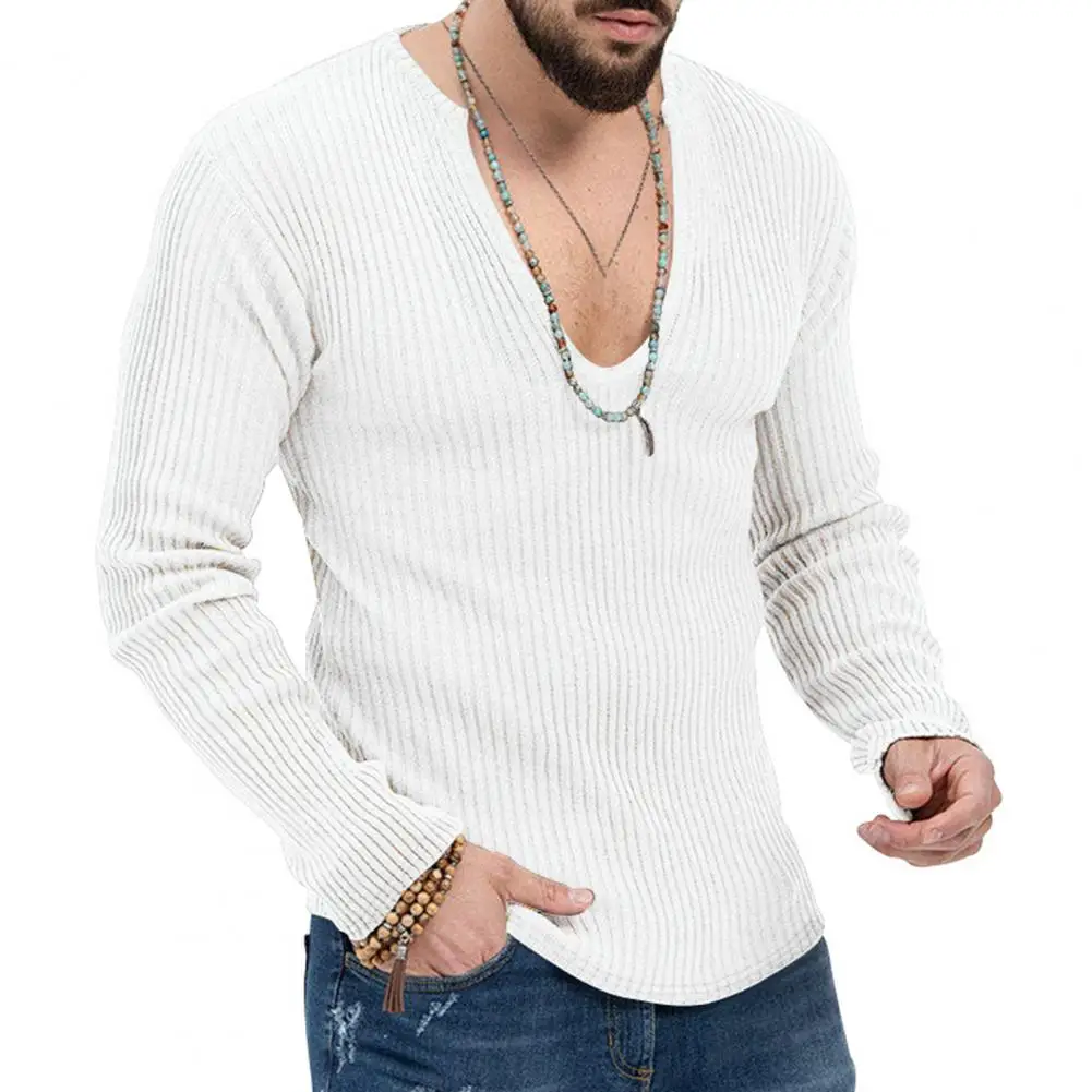 Thin Ribbed Men Sweater Stylish Men\'s Ribbed V-neck Sweater Slim Fit Soft Warm Knitwear for Fall/winter Casual Pullover Top