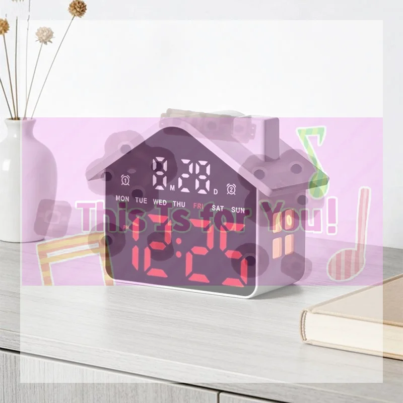 【MA】1 Set House Shaped LED Digital Alarm Clock Date Week Brightness Adjustment Electronic Table Clock With Night Light 12/24H