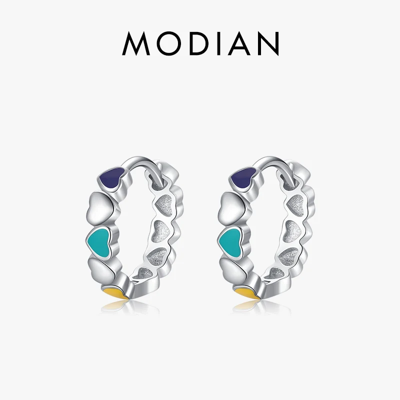 

Modian Real 925 Sterling Silver Multicolour Enamel Hoop Earrings Love Hearts Ear Buckles For Women Original Design Fine Jewelry