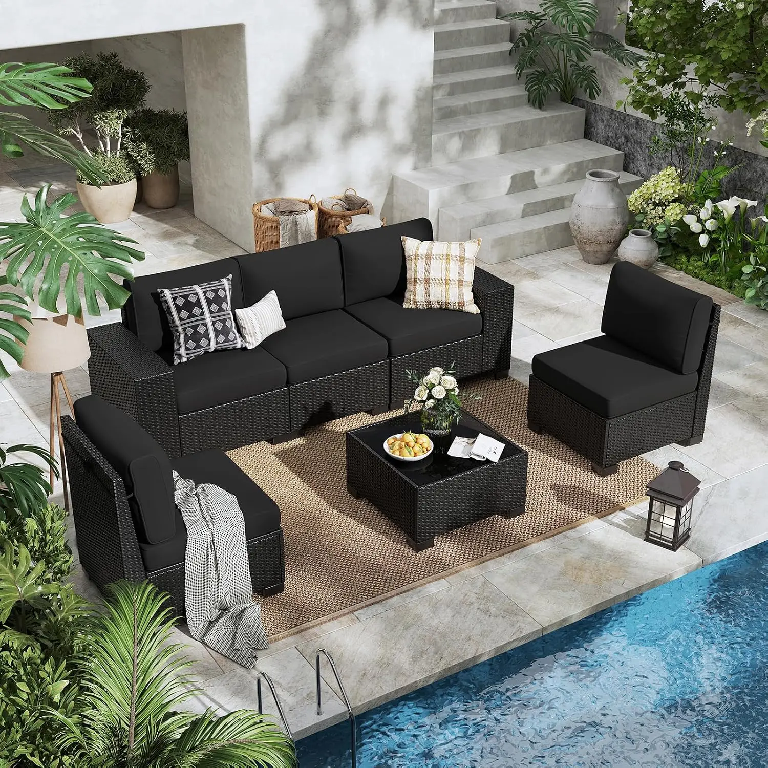 6 Piece Patio Furniture Set Outdoor Thick Cushions Black Wicker Sectional Sofa Backyard Poolside Garden Lawn, Customized