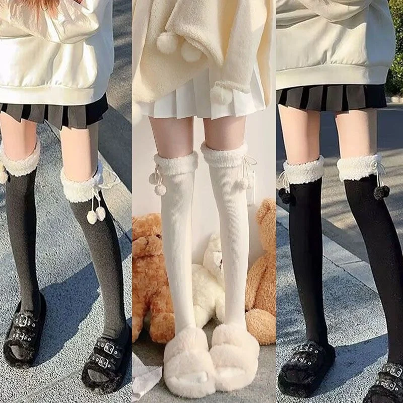 Lolita Pelz Wolle Ball Lange Kniestrümpfe für Frauen Über Knie Oberschenkel Hohe Strümpfe Herbst Winter Mädchen Warme Sexy Plüsch Strümpfe