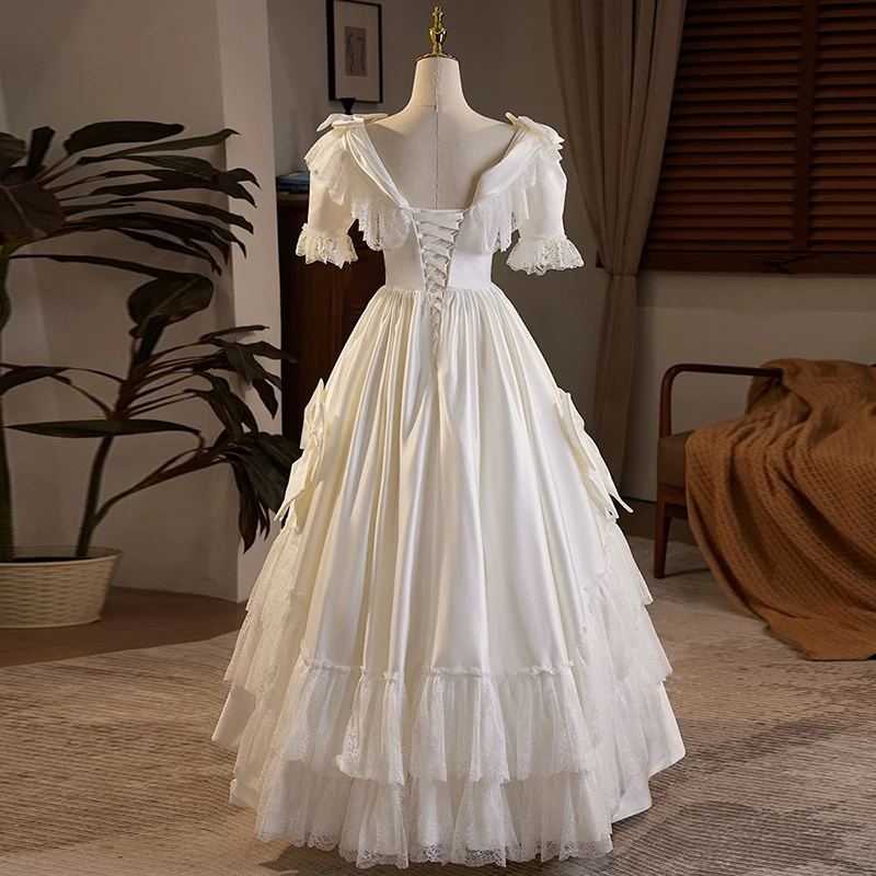AnXin SH french retro princess white satin v neck ruffles flower lace puff sleeve big bow ball gown customized evening dress image 2