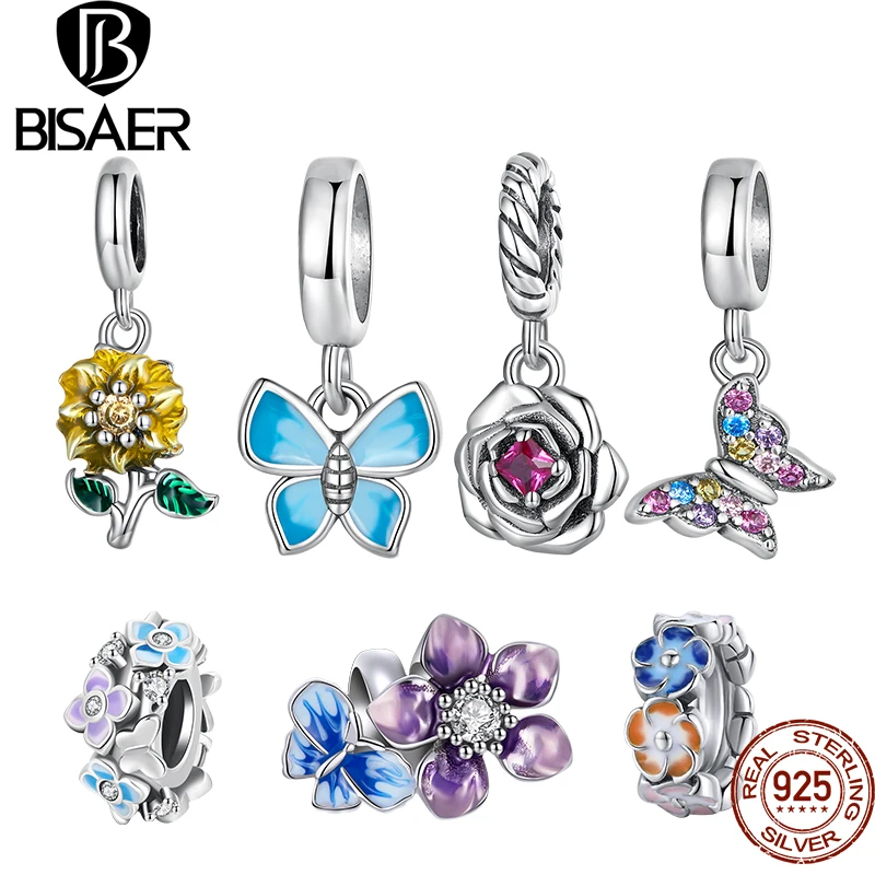 

BISAER 925 Sterling Silver Funny Rose Pendant Sunflower Colorful Butterfly Charm Beads Fit DIY Bracelet Necklace Fine Jewelry