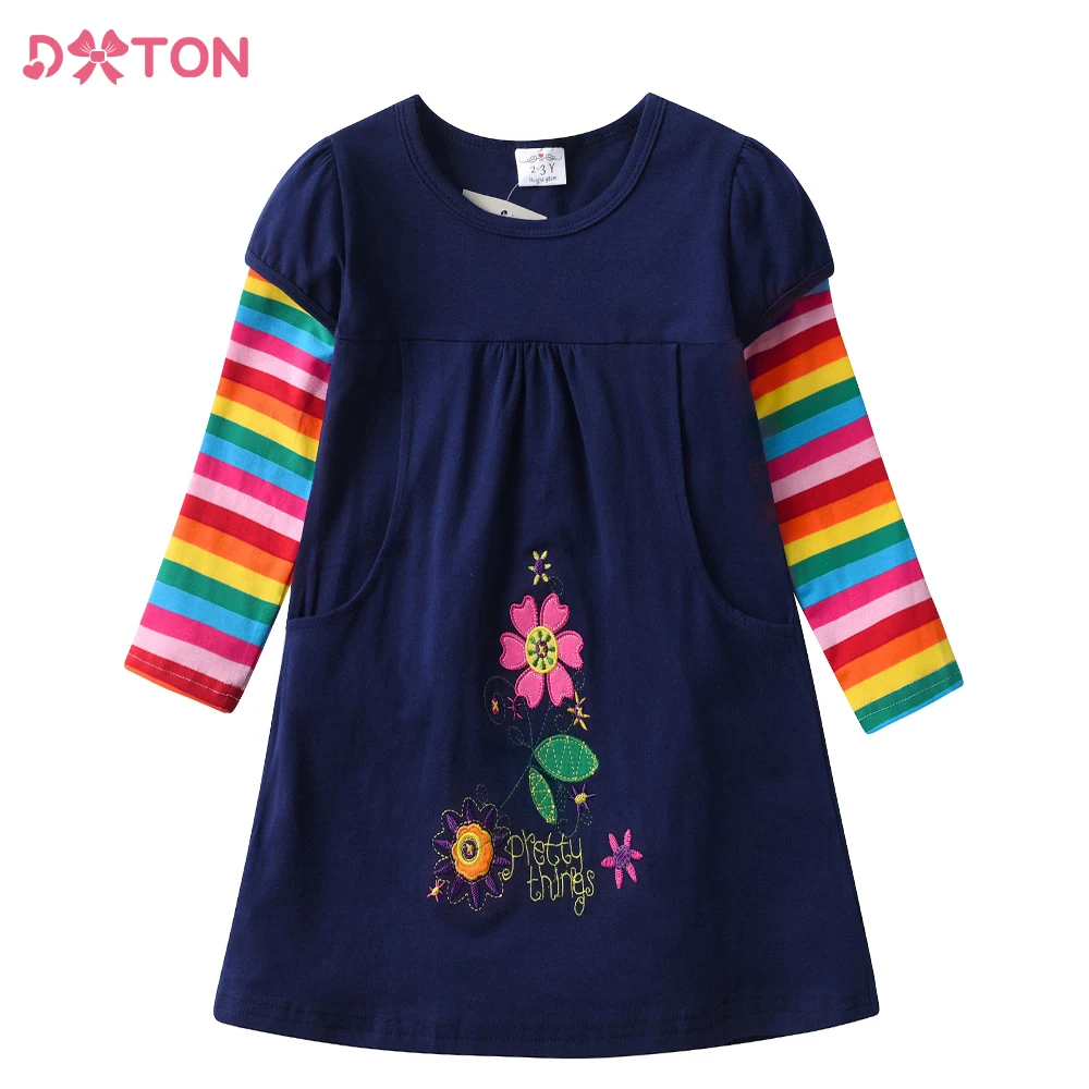 DXTON Girl Flower Embroidery Dress Kids Floral Dresses with Pockets Girls Rainbow Striped Cotton Casual Daily Dress Kids Clothes