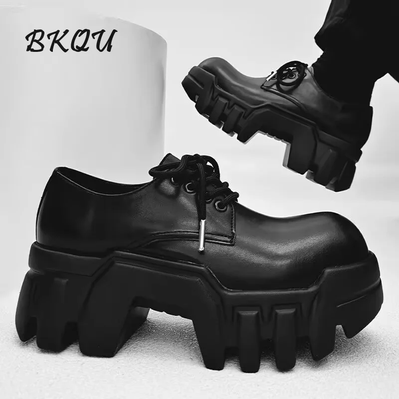 

BKQU Gear Thick Sole Bulldozer Derby Shoes for Men 2024 Autumn Fashion Niche High Sense Increase 8CM Muffin Big Head Shoes