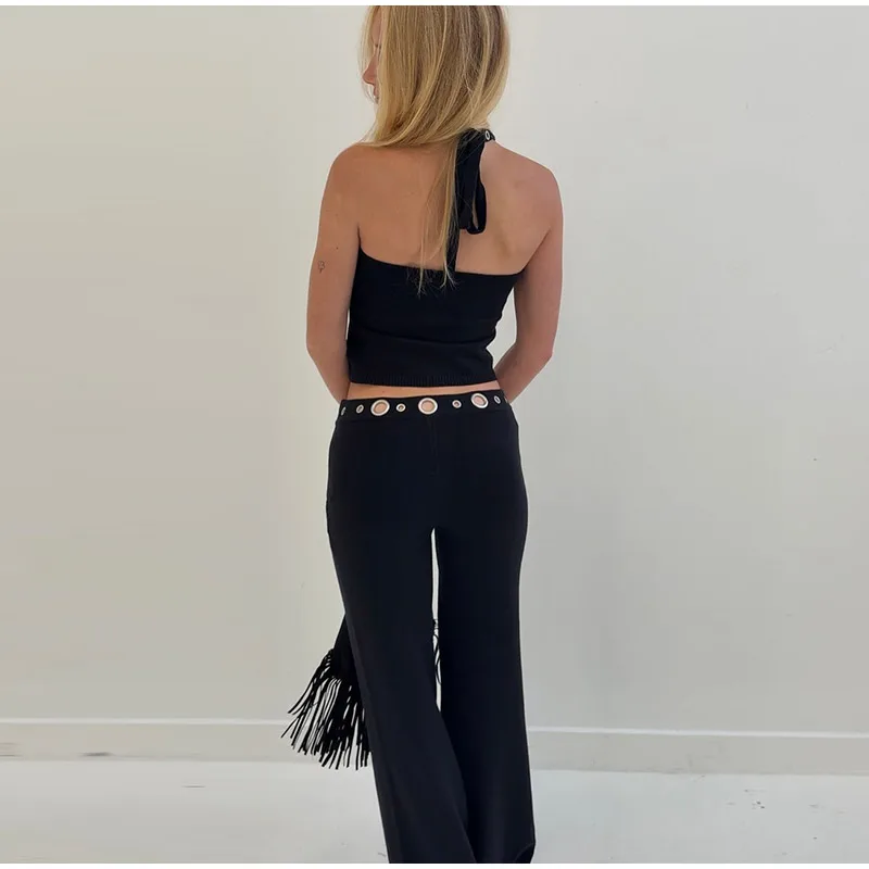 Hohle, ausgeschnittene Neckholder-Cropped-Tops und Hosen, 2-teilige Sets, sexy, ärmellos, rückenfrei, schmal geschnittenes Top, weit geschnittene Hosen, schicke Damen-Outfits, neu – Detail 7