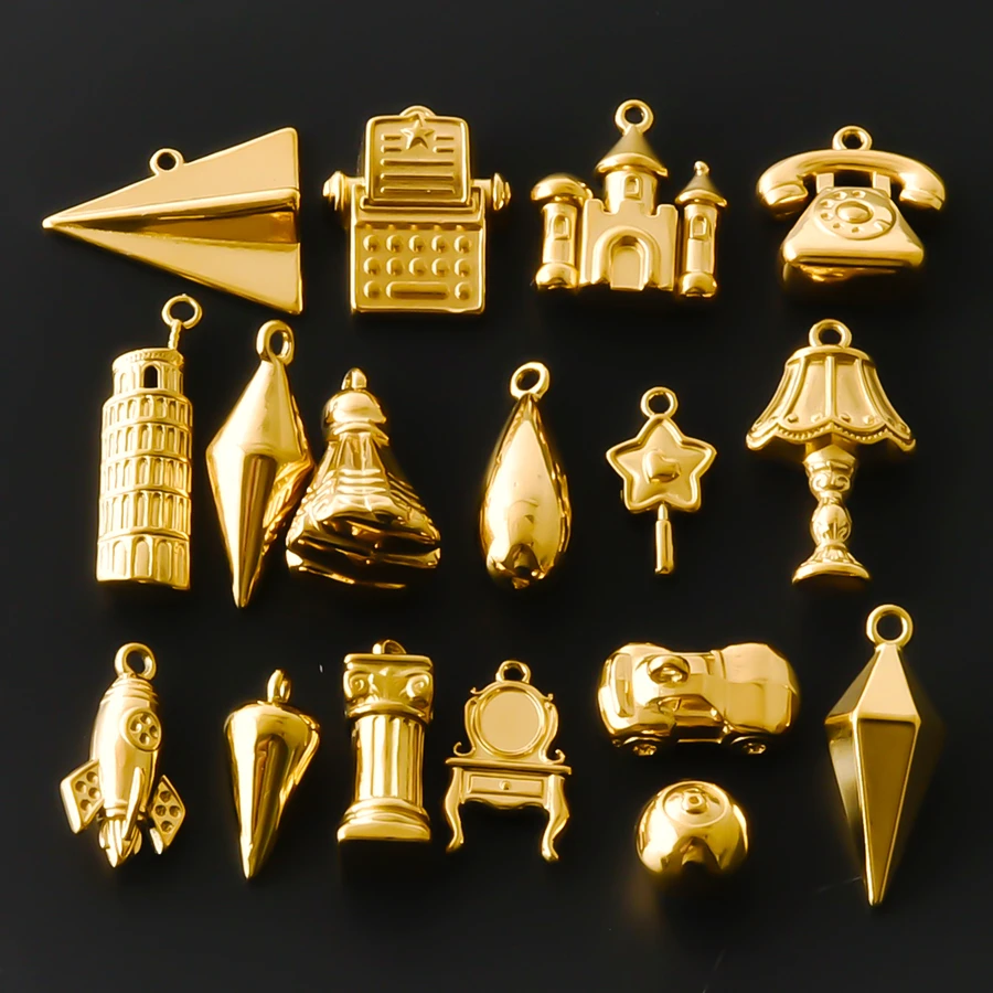 10Pcs Gold Color Castle Cosmetic Mirror Billiards 3D Stainless Steel Charms Retro Roman Column Telephone Leaning Tower Pendants