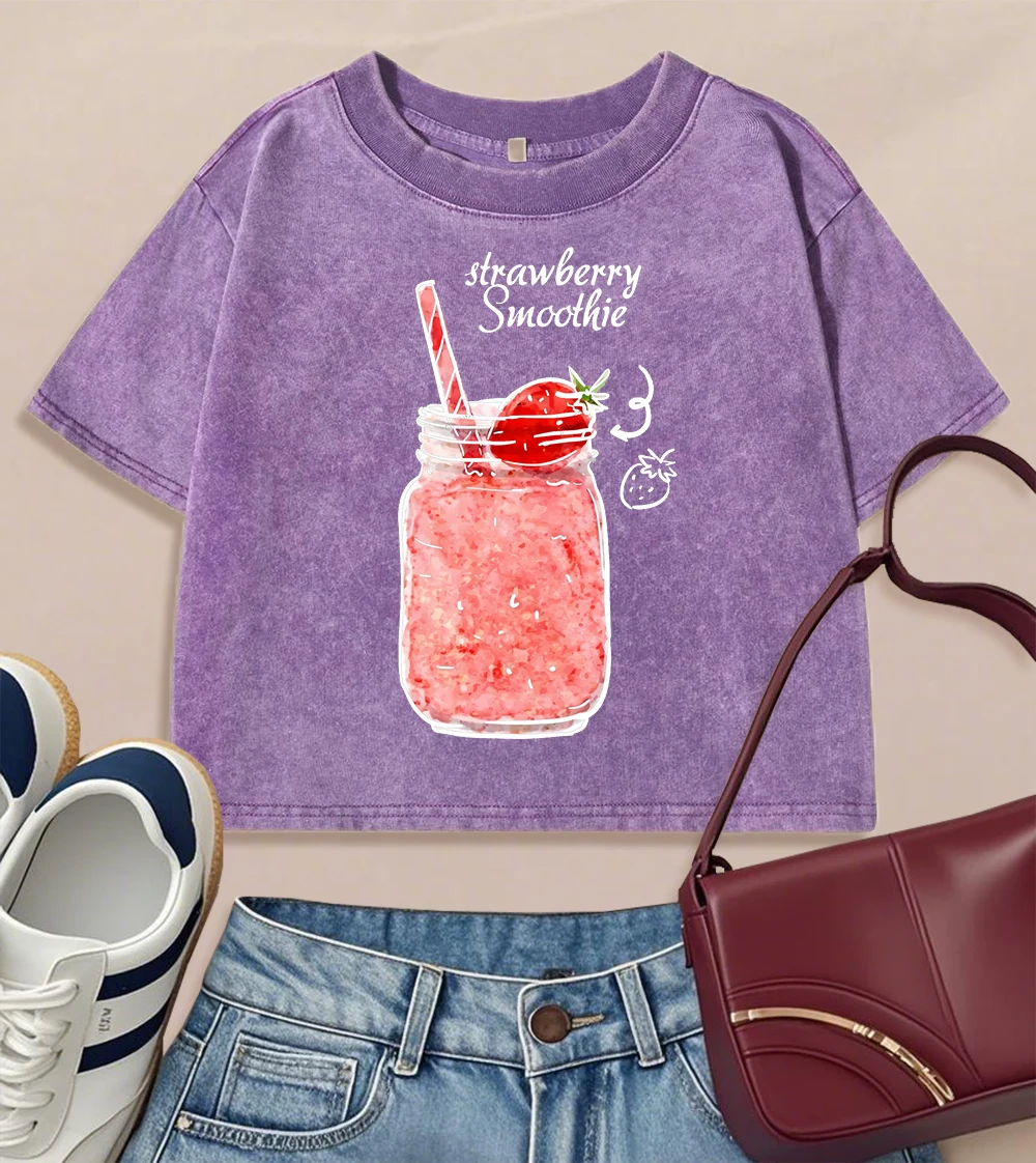Camiseta lavada con estampado de batidos de fresa para mujer, Camiseta deportiva Retro de manga corta, ropa fresca que combina con todo, Tops cortos de moda