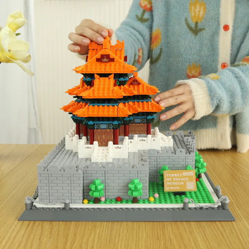 Creative Historical Ancient Architecture China Beijing Forbidden City Turret Building Block Construction Brick Corner Tower Toy