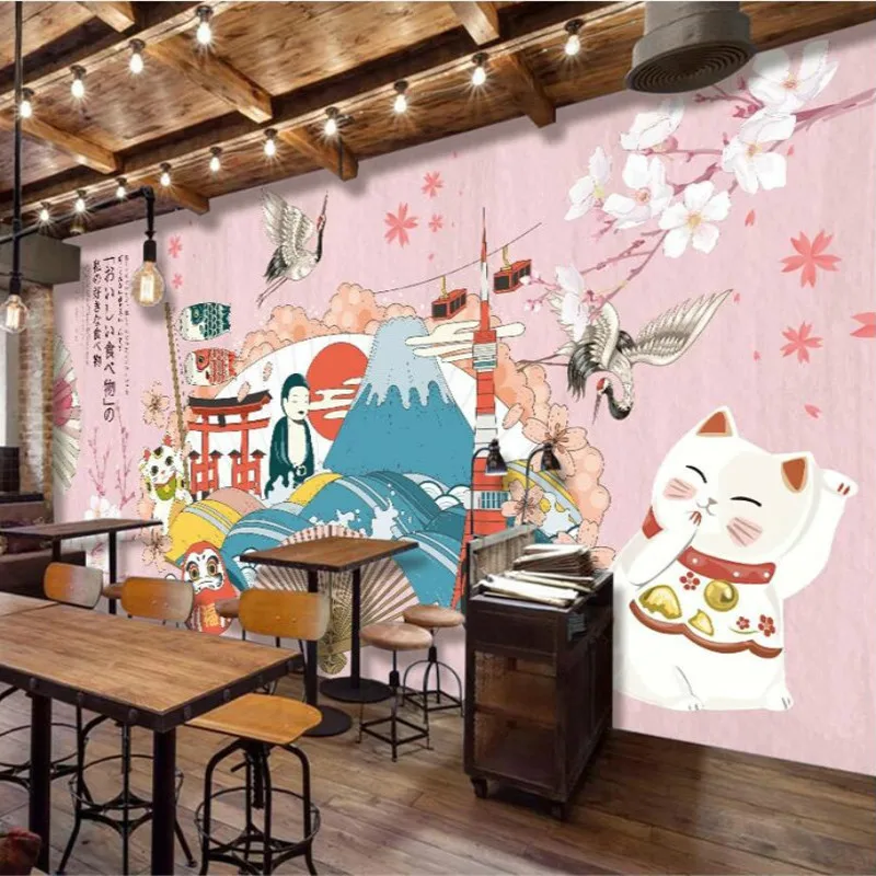 Japanese Cuisine Sushi Restaurant Industrial Decor Wall Paper 3D Custom Cherry Blossoms Izakaya Background Mural Wallpaper 3D