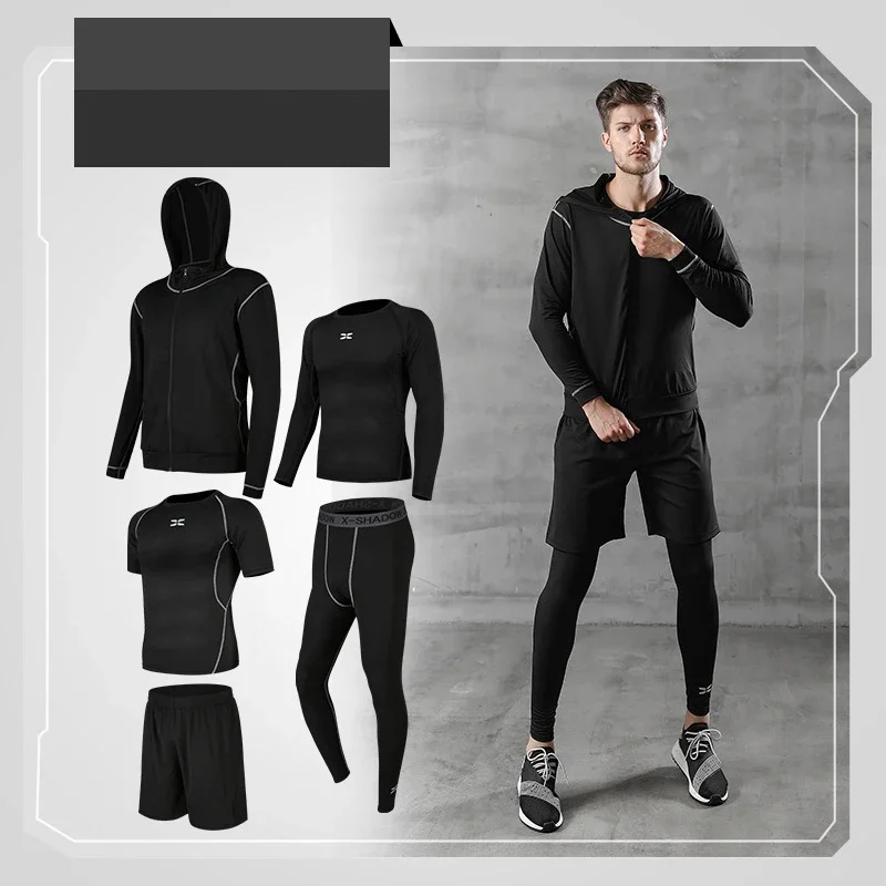 

Men Compression Sportswear Set Gym Running Sport Clothes Jogging Training Tights Tracksuit Fitness T-Shirt Windbreaker Leggings