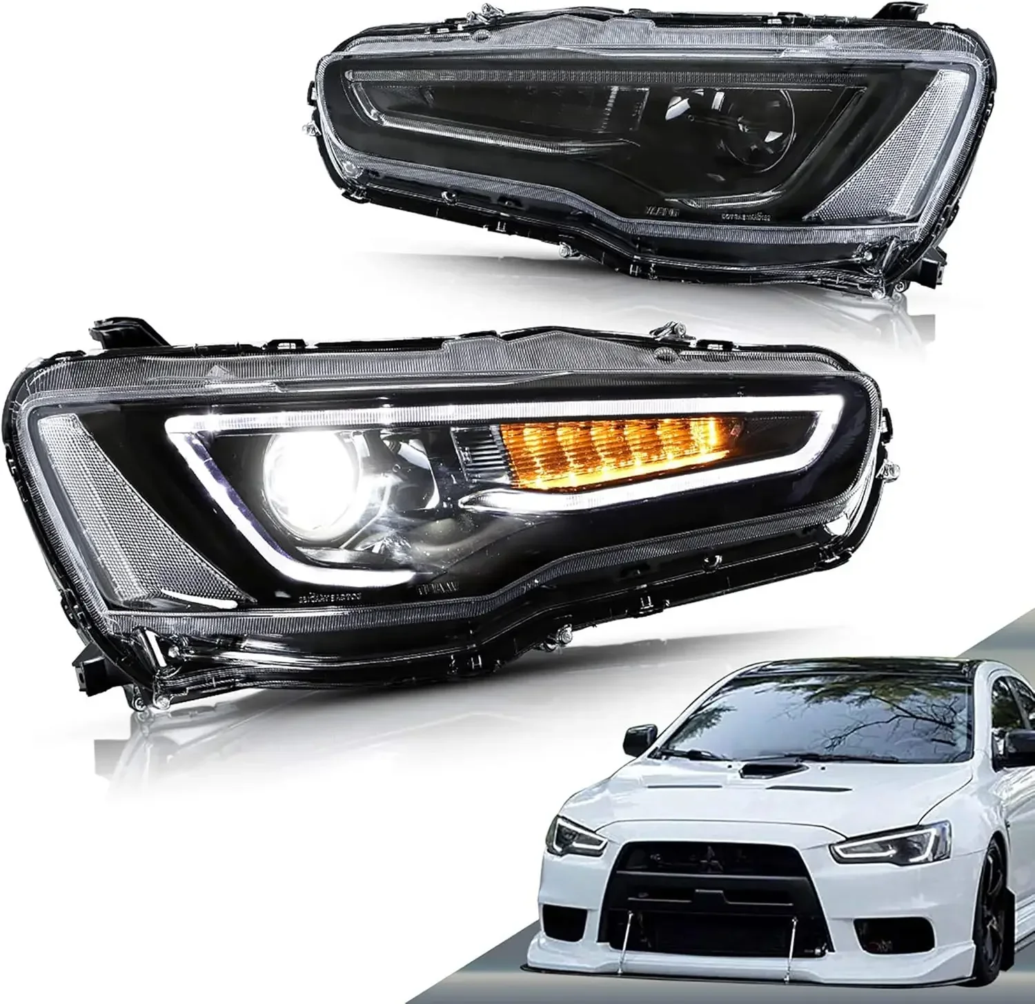 Led Headlights Compatible with Mitsubishi Lancer& EVO X 2008-2020 Projector Front lamp Assembly w/Smoke Lens w/Sequential