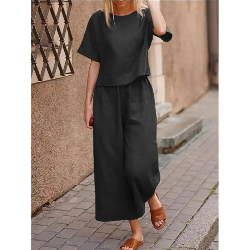 Set Celana T-irt 2 Potong Wanita Musim Gugur S5XL Pakaian Kasual Wanita Ansambel Modis Campuran Linen Nyaman Koleksi Musim Gugur 202...