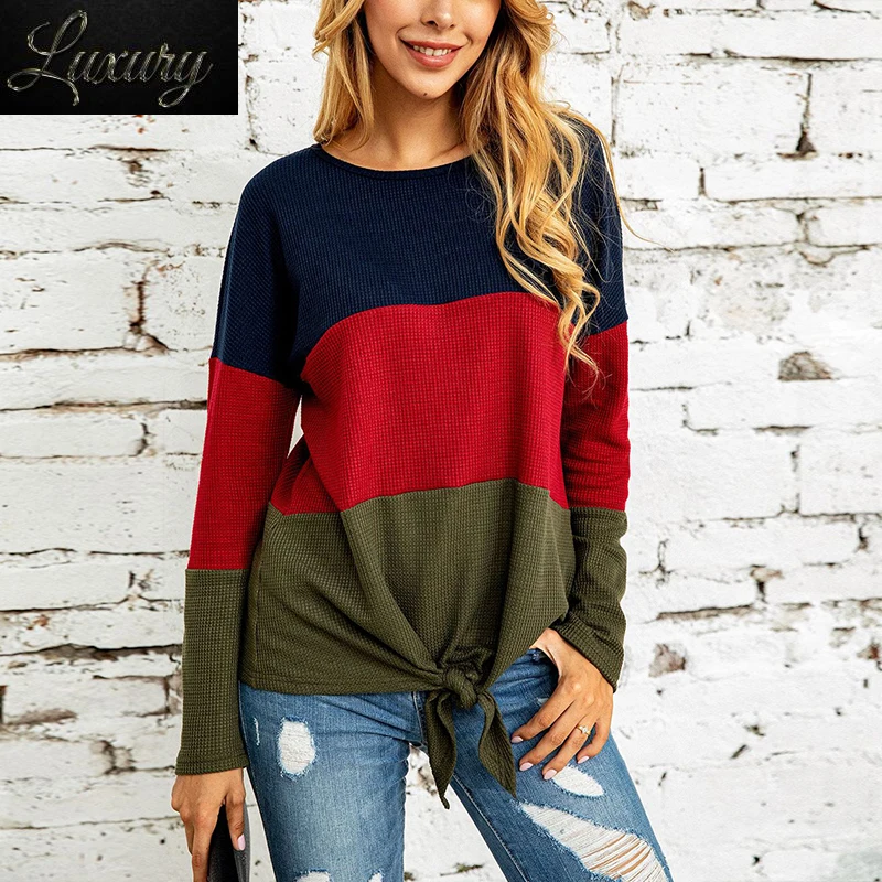 

Patchwork Bandage Long Sleeve Blouses Casaul Women O-Neck Shirts Female Autumn Fashion Basic Blusas Streetwear