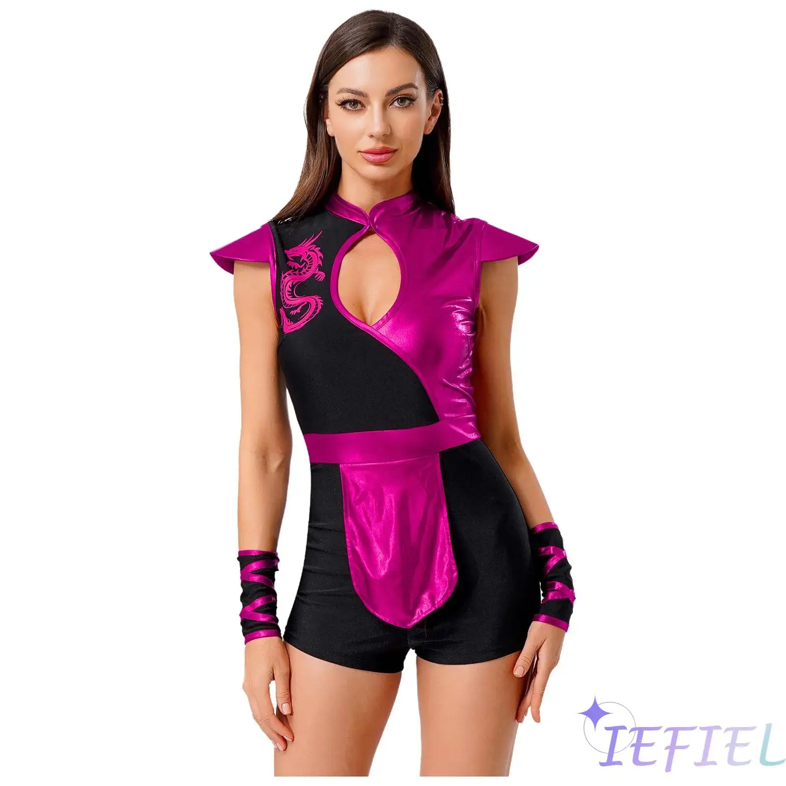 

Shiny Black Ninja Romper Dragon Design Fly Sleeves Contrast Trim Role Play Bodysuit Women's Halloween Cosplay Party Outfit