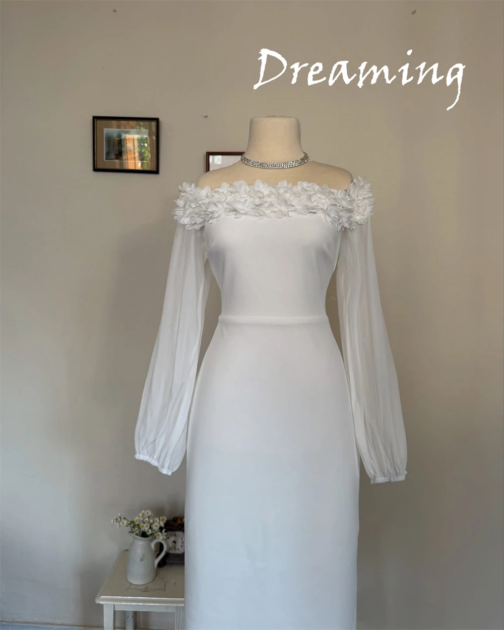فستان سهرة شيفون أبيض رائع مخصص مخصص موضة رقبة قارب قبالة الكتف وأكمام طويلة فستان الحفلات الناعمة Pr #6