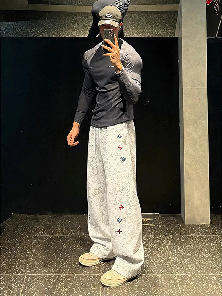 Cleanfit American High Street Tie Dye Embroidery Design Casual Pants Men Loose Straight Leg Sport Sweatpants White ey