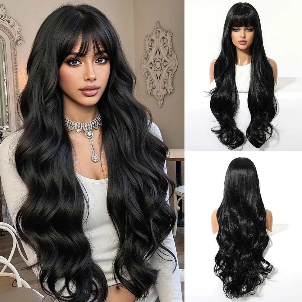 

30-Inch Black Burgundy Wavy Synthetic Hair Band Bangs Is A Natural And Heat-Resistant Wig Suitable For Women'S Daily Parties
