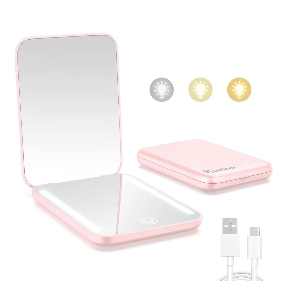 

Rechargeable Pocket Mirror Double Sided 1X 3X Magnification Compact Vanity Mirror 3 Color Lights Dimmable Small Portable Wallet