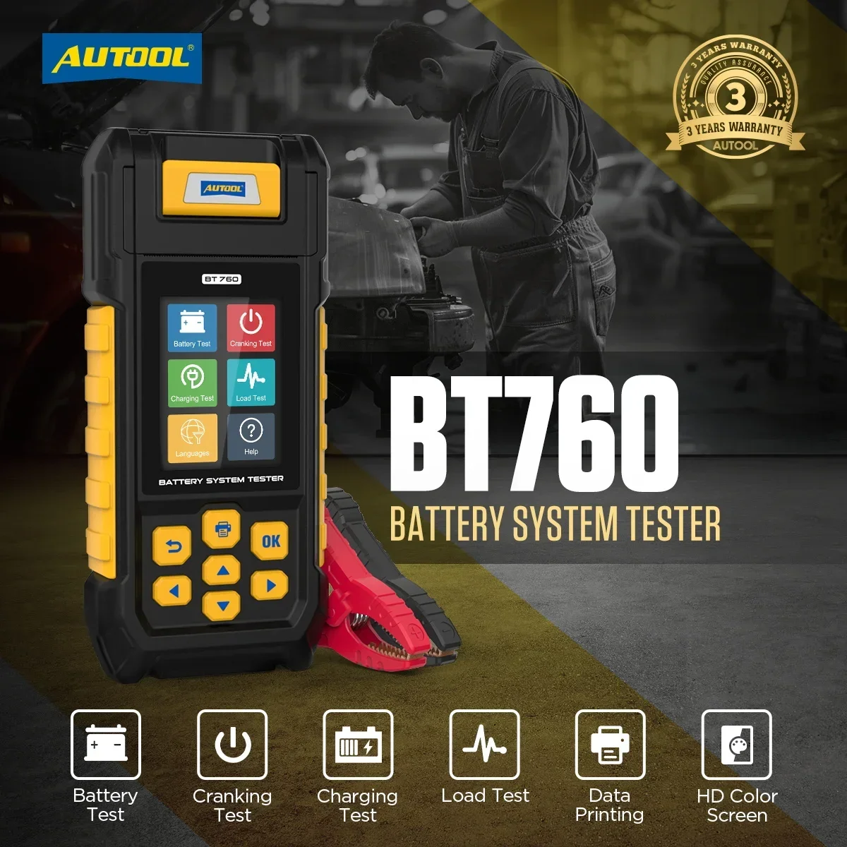 AUTOOL BT760 Car Battery Tester with Thermal Printer  36V Battery Cranking \ Charging \ Max Load  Tool 12v 24V