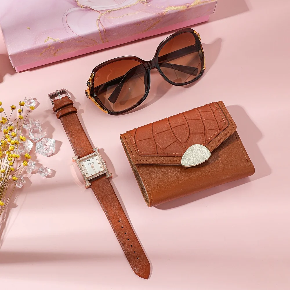 3Pcs/Set Luxury Womens Watches Set with Box Fashion Quartz Watch for Women Sunglasses Wallet Wristwatch Set Gifts Box for Wife