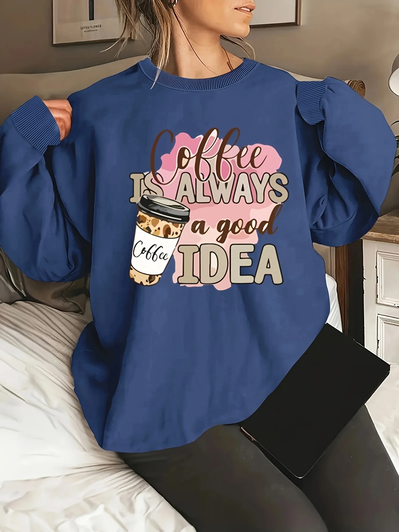 Women's Casual Sweatshirt Print Coffee Cup and Phrase 