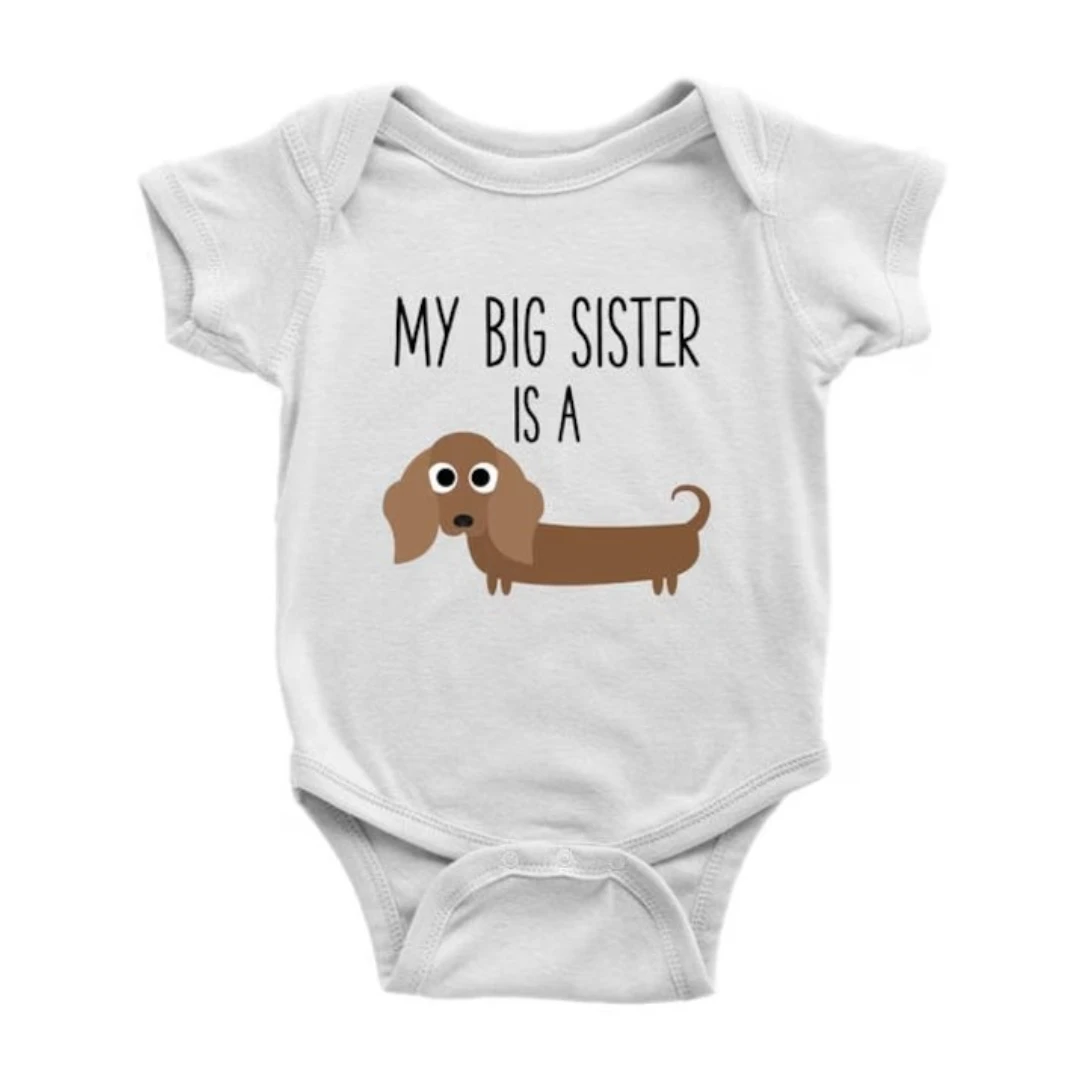 My Big Brother Sister Is A Dachshund Weiner Dog Baby Bodysuit Funny Dog Lover Baby Boy Girl Shower Gift