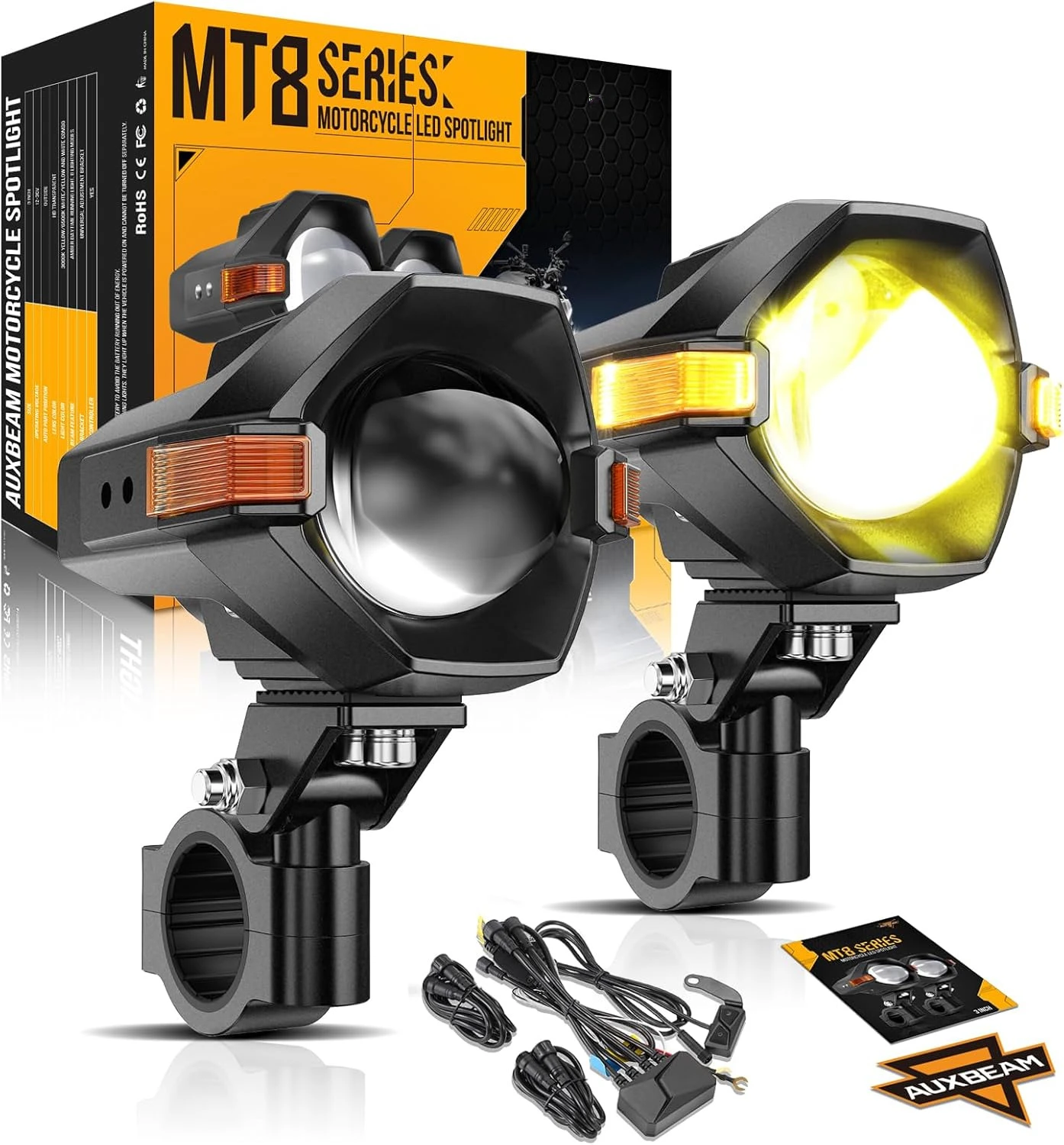 Motorcycle LED Fog Lights Auxiliary Lights Driving Light Spotlights 8 Modes White/Amber Dual Color Strobe