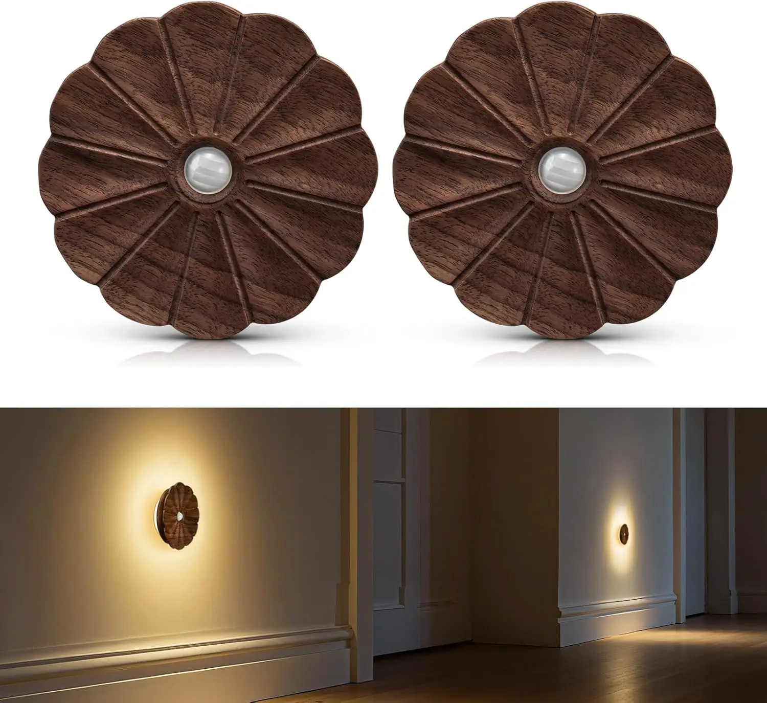 

Wood Carved Motion Sensor Night Light, 2 Pack USB Rechargeable Magnetic Wall Light for Hallway Bedroom Stair