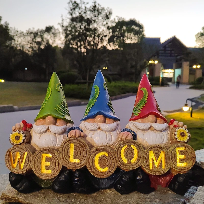 

Outdoor Garden Dwarf Statue-resin Three Dwarf Statue Solar Led Light Welcome Sign Gnome Yard Lawn Large Figurine Home Decor