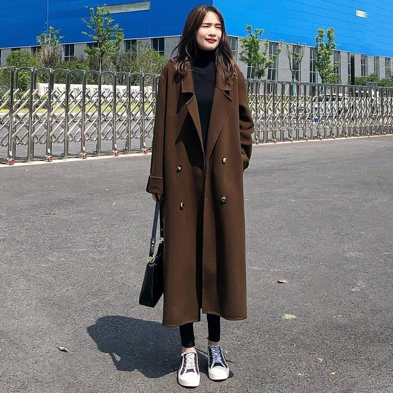 2022 Autumn And Winter New Korean Version Loose Suit Collar Fashion All-match Double-breasted Knee-length Woolen Coat Women