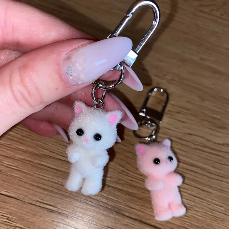 Cute 3D Flocking Kitten Keychain Cat Couple Mobile Phone Pendant Car Keyring Earphone Backpack Charms Bag Decor