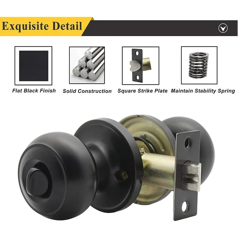 Privacy Door Knobs Finish,  Interior Door Knob Set with Lock Keyless Round Ball Handles for Bed Bathroom, Stainless Steel