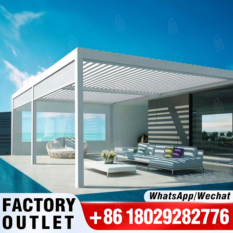 Motorized Open and Close Louvered Bioclimatic Pergola Aluminium Gazebo Outdoor with LED or Side Screen