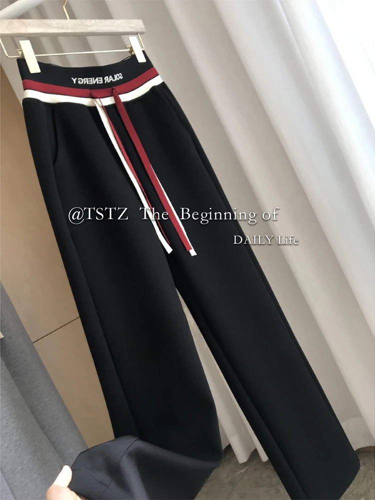 Striped Design Drawstring Tie Up High Waist Women Sweatpants Loose Wide Leg Straight Trousers Sport Mopping Pants Female Basic