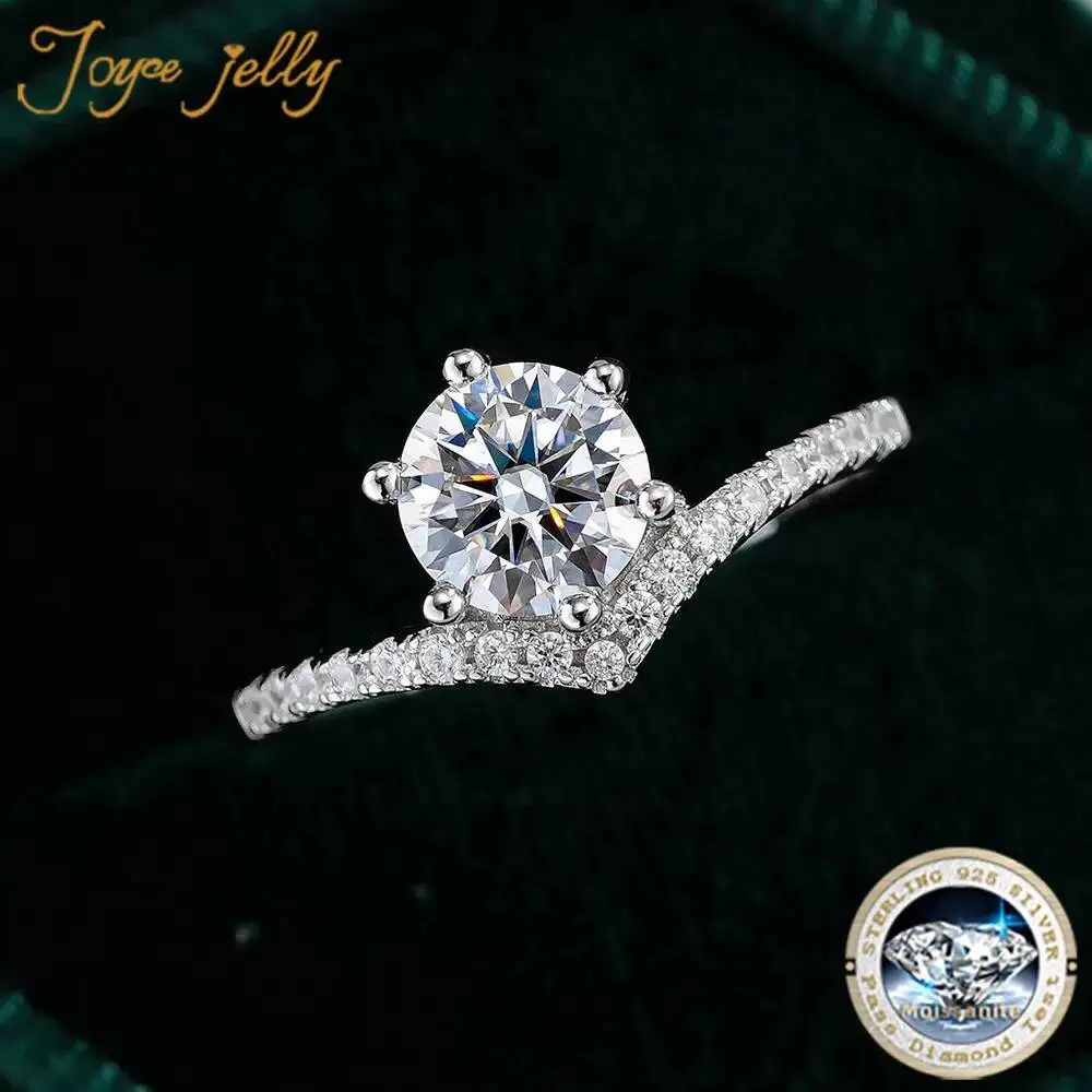 JoyceJelly Moissanite Ring Fashion Women S925 Sterling Silver Ring Six-Prong Classic 1 Carat Ring V-Shaped Jewelry